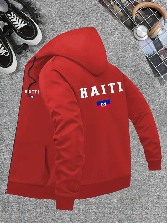 Menβs Haiti Flag Hooded Jacket β Casual Zip-Up Sportswear
