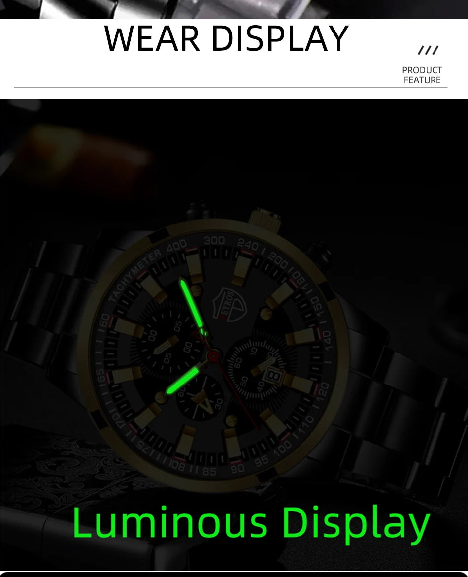 Luxury Menโs Quartz Watch โ Gold Needle, Steel Band, Calendar Display Classic Business & Casual Style