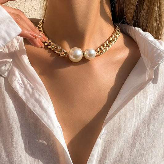 Womenβs Vintage Punk Cuban Chain Choker Necklace with Gothic Pearl Pendant