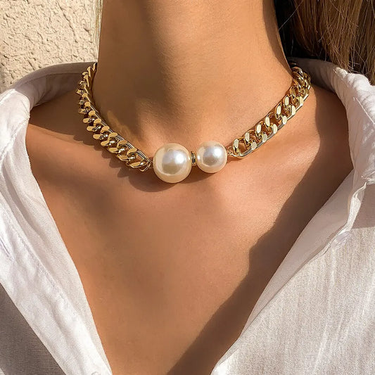 Womenβs Vintage Punk Cuban Chain Choker Necklace with Gothic Pearl Pendant