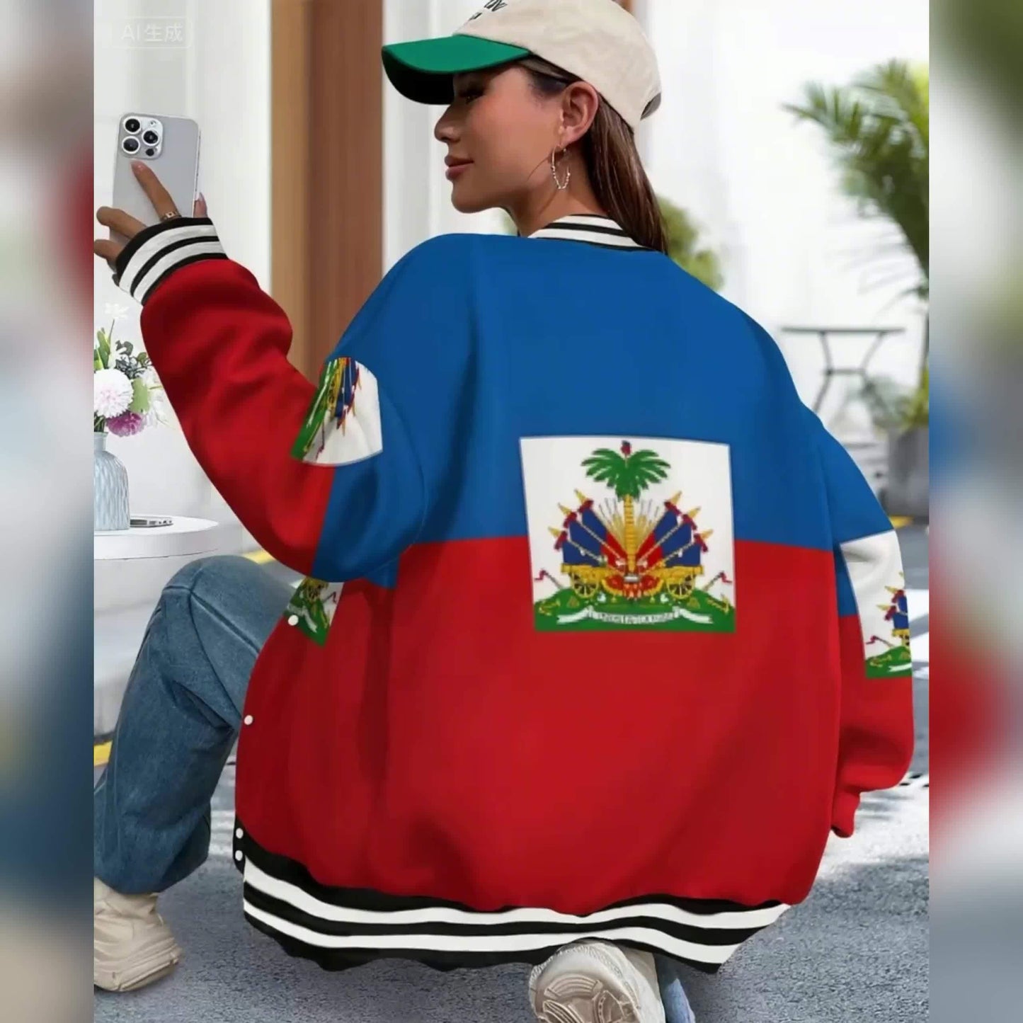 Womenâs Haitian Flag Baseball Jacket Hoodie