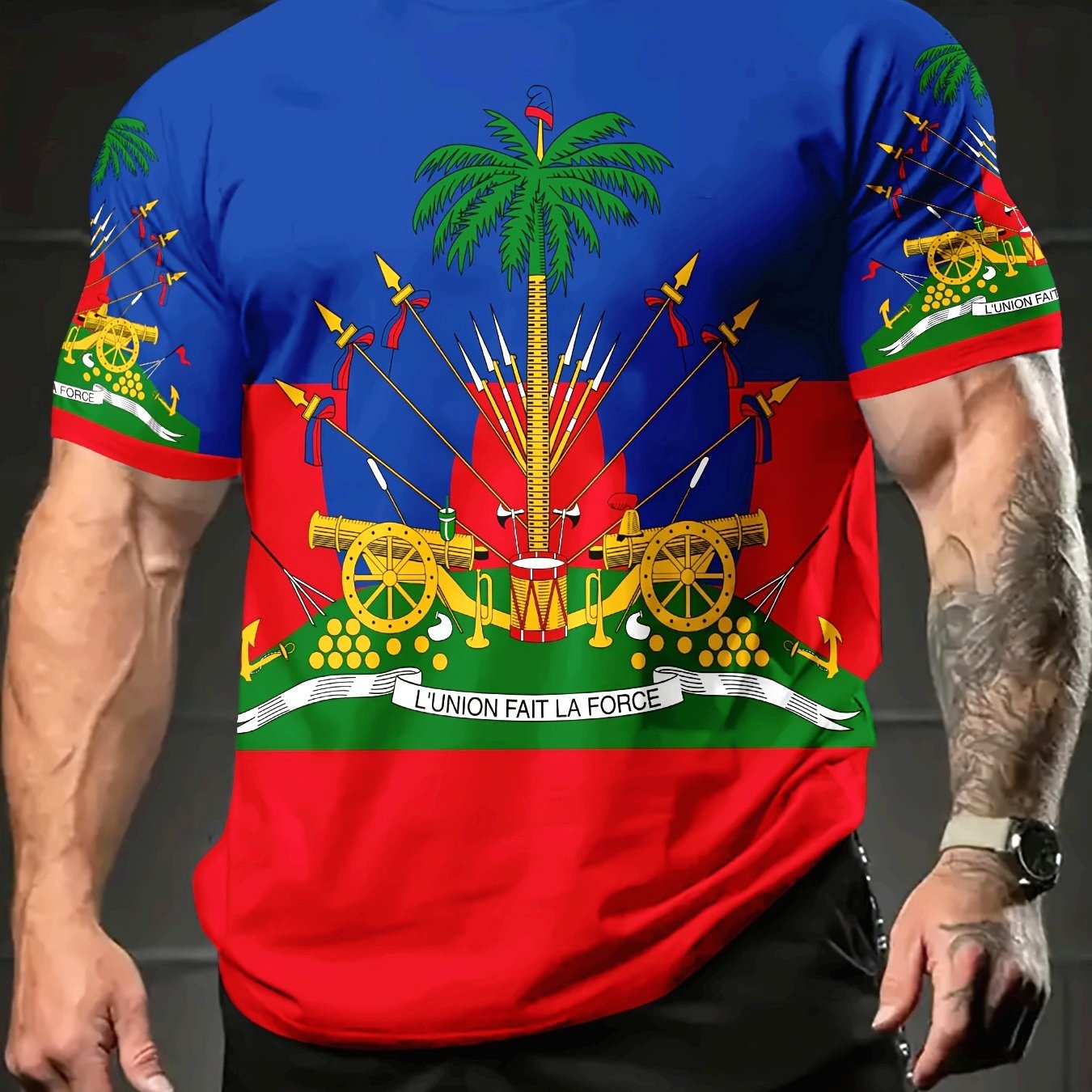 Haitian Spirit Performance Tee – Palm Tree &amp; Fleur-de-Sabre Edition