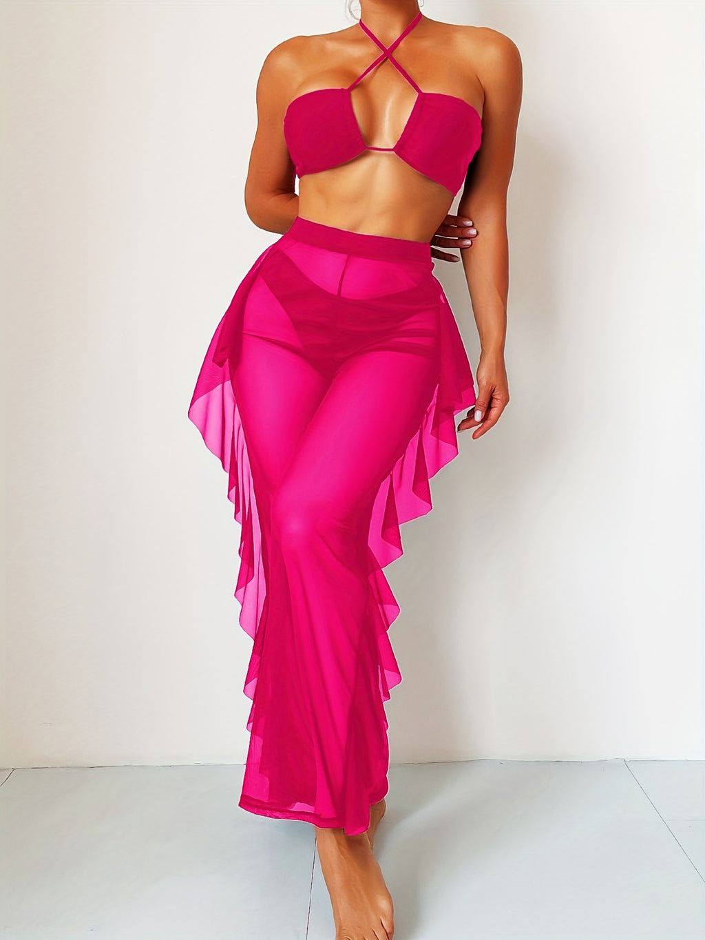 Sexy Black Mesh Bikini Set - 3-Piece Criss Cross Swimsuit for Women