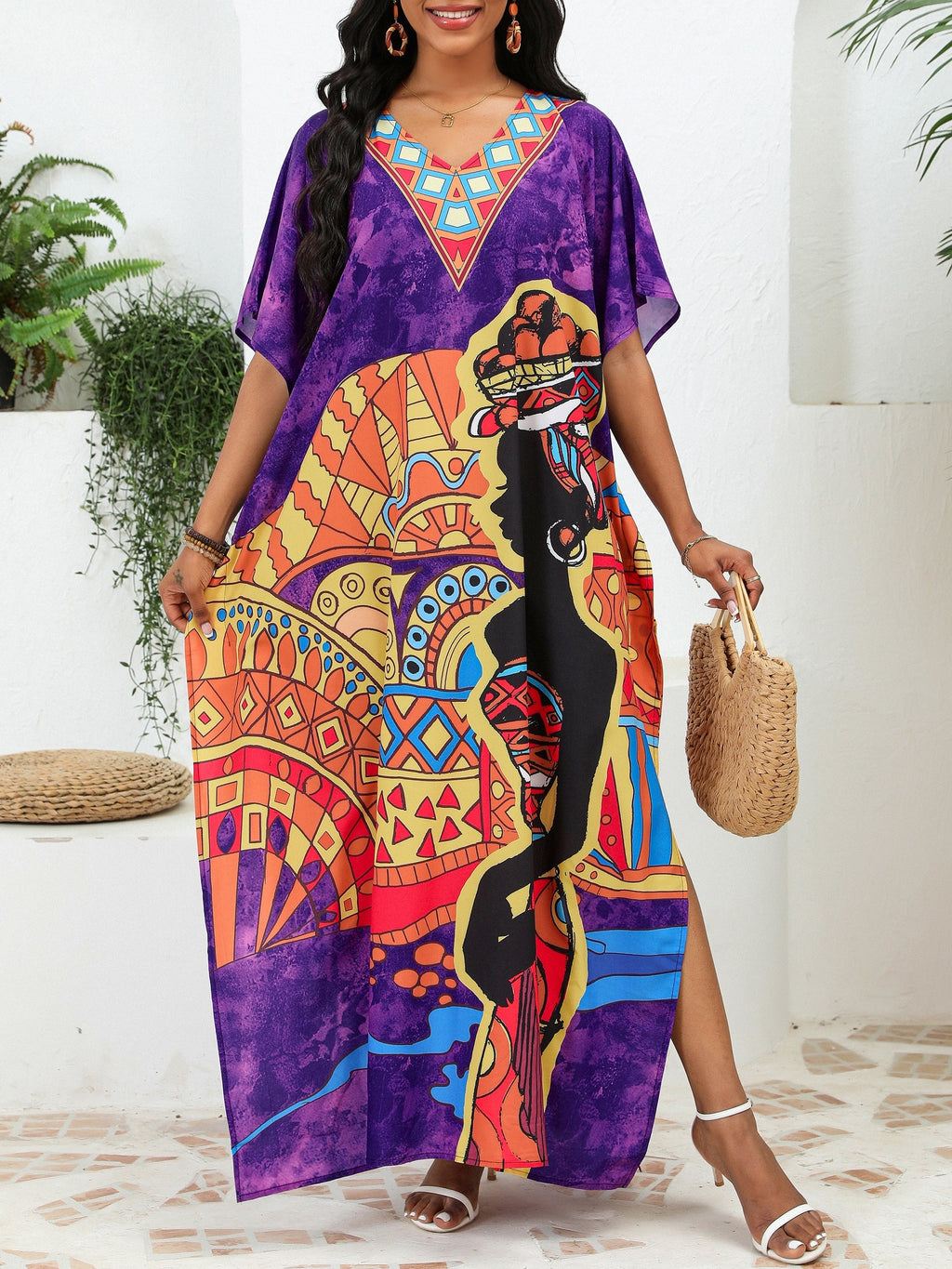 Bohemian African Print V-Neck Maxi Dress – Lightweight Summer Cover-Up with Slit