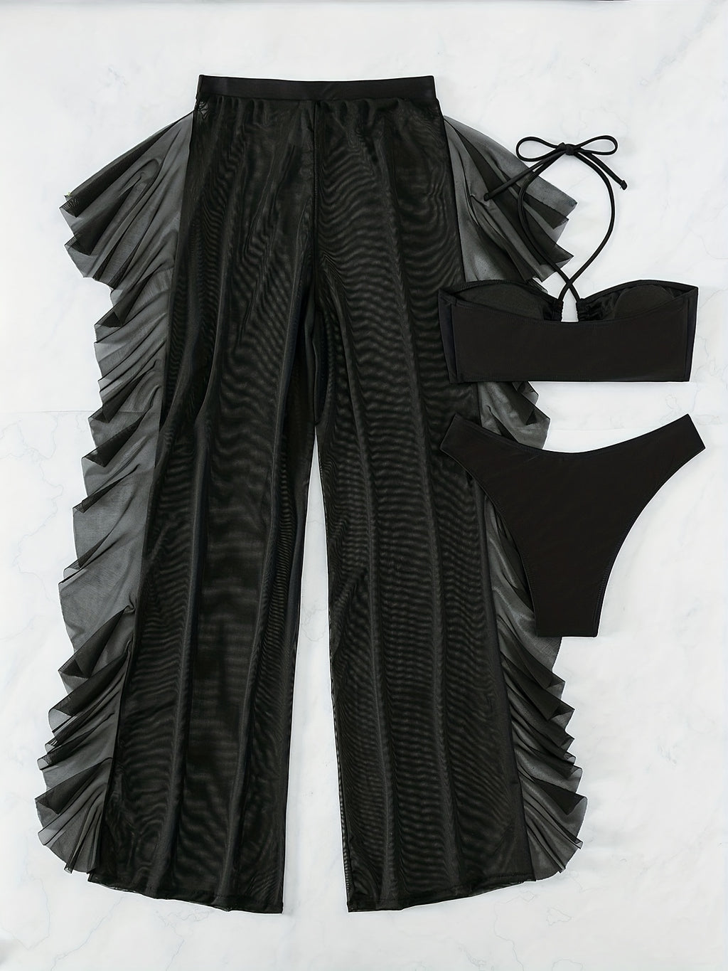 Sexy Black Mesh Bikini Set - 3-Piece Criss Cross Swimsuit for Women