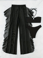 Sexy Black Mesh Bikini Set - 3-Piece Criss Cross Swimsuit for Women