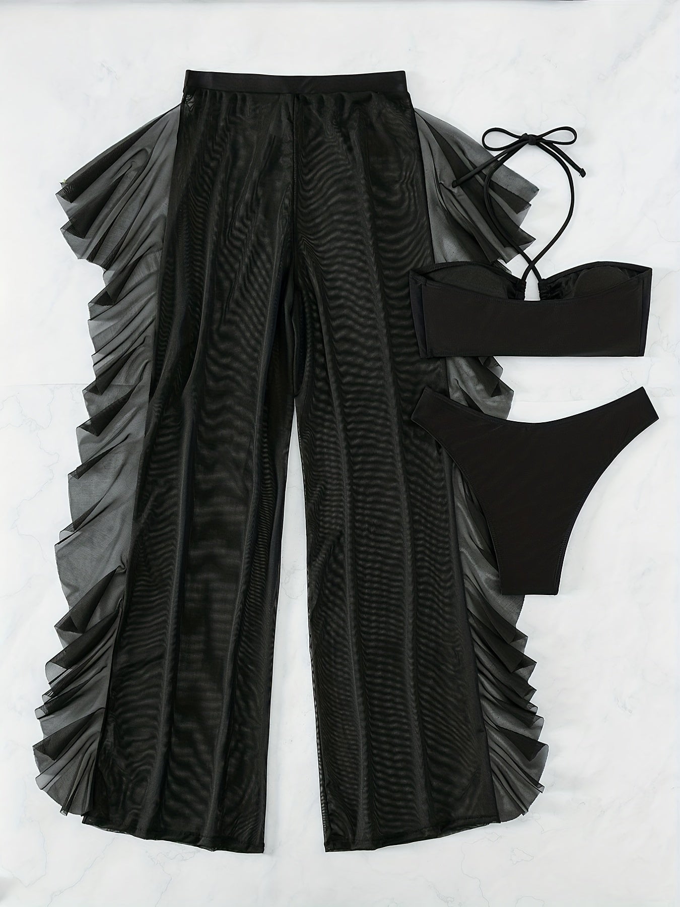 Sexy Black Mesh Bikini Set - 3-Piece Criss Cross Swimsuit for Women