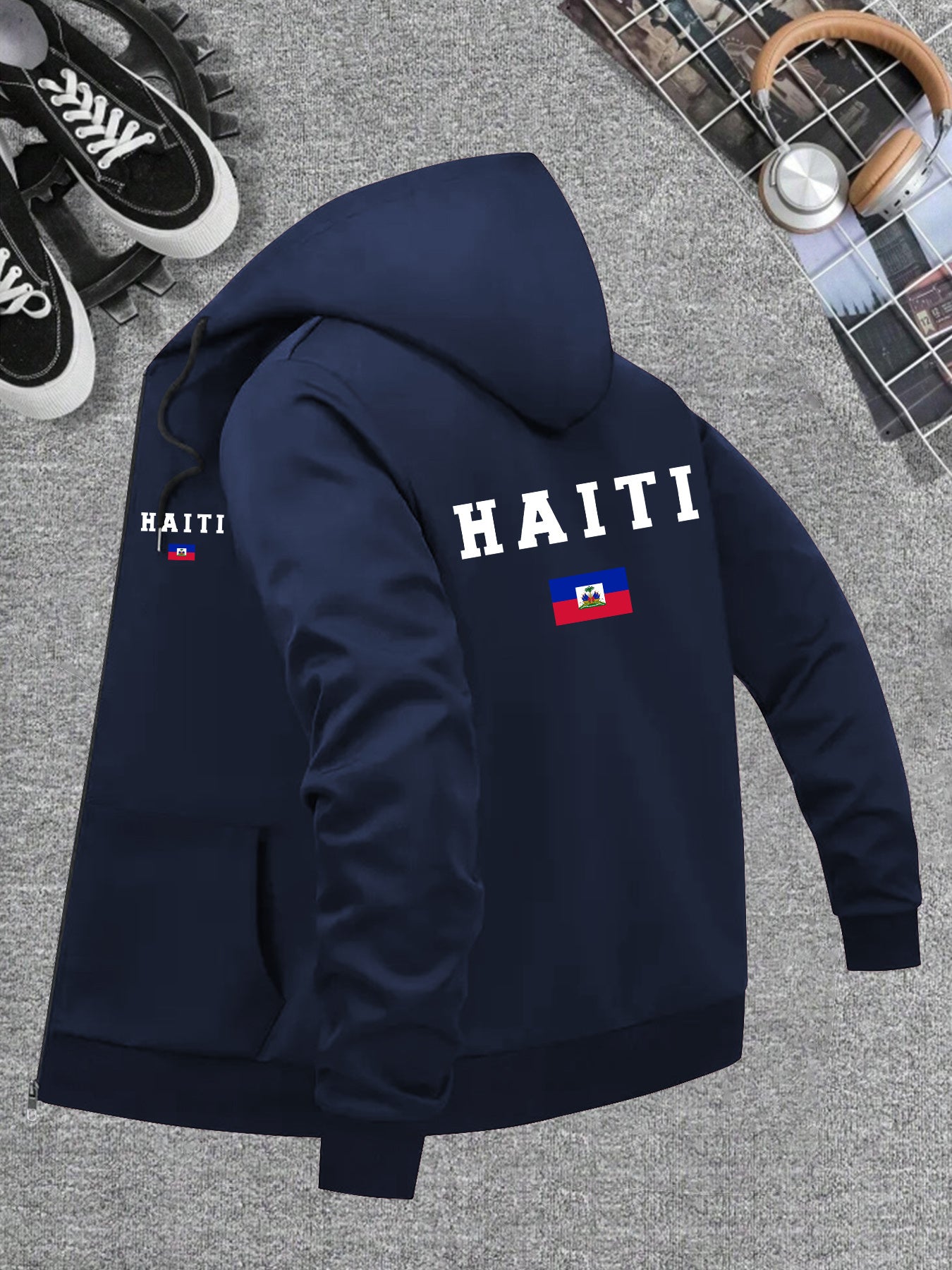 Men’s Haiti Flag Hooded Jacket – Casual Zip-Up Sportswear