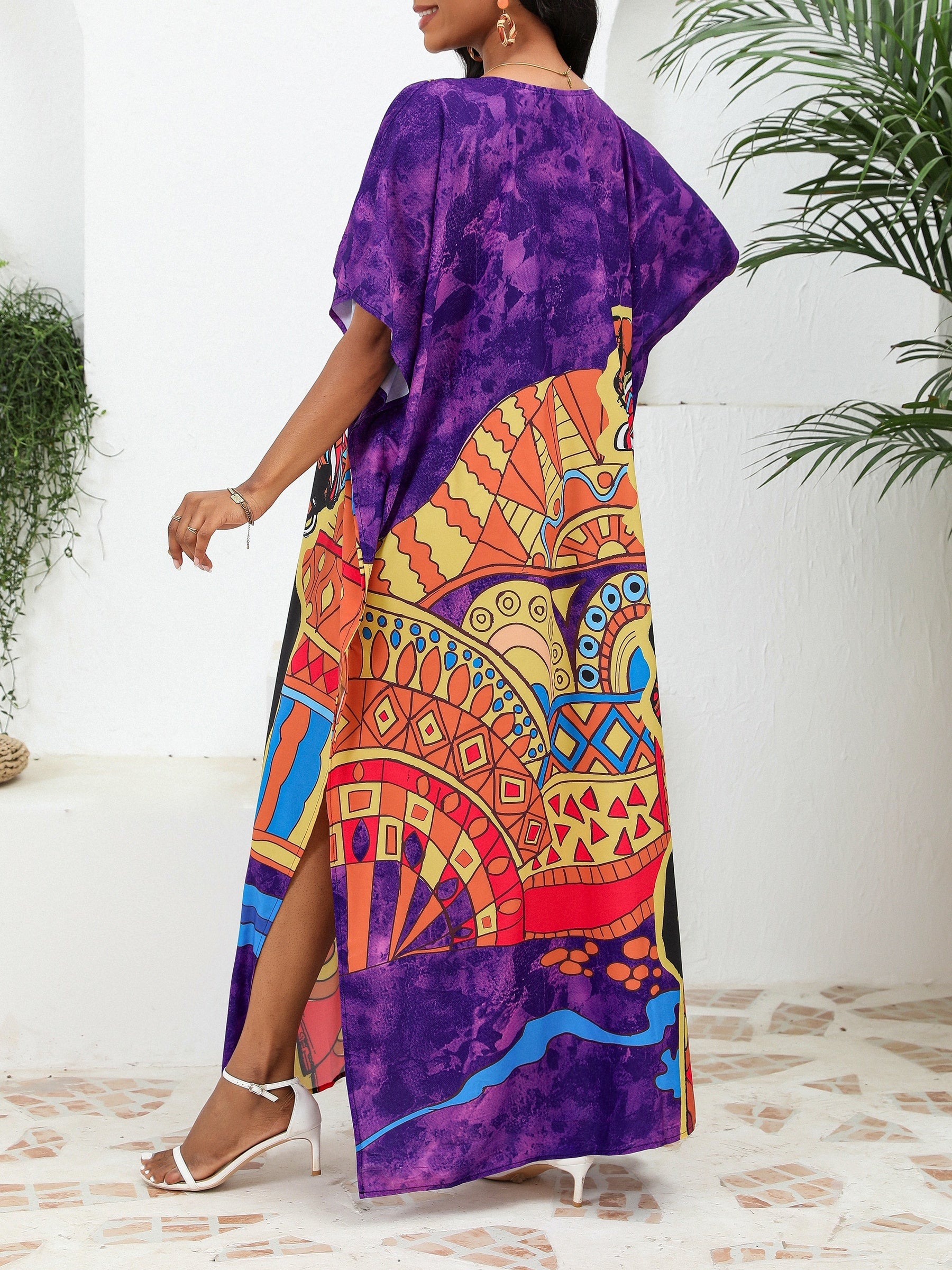 Bohemian African Print V-Neck Maxi Dress – Lightweight Summer Cover-Up with Slit
