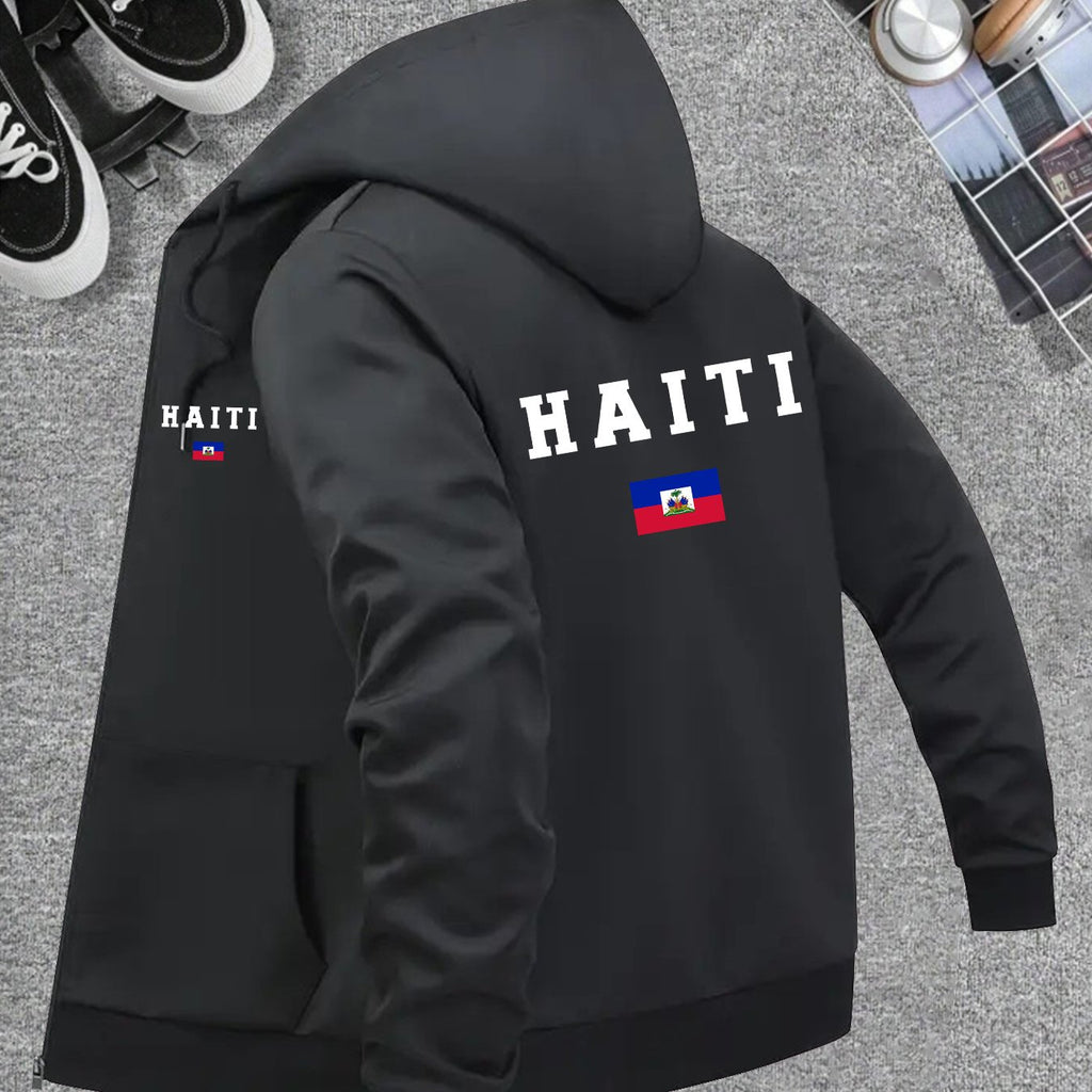 Men’s Haiti Flag Hooded Jacket – Casual Zip-Up Sportswear