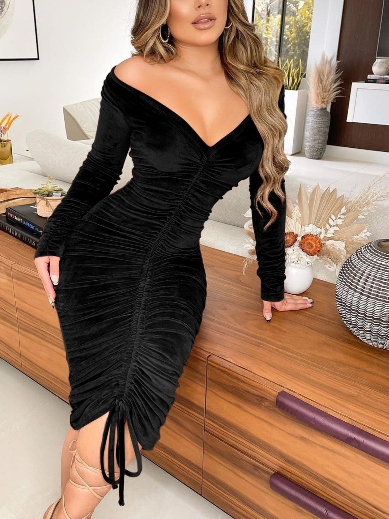 Velvet Off The Shoulder Bodycon Dress