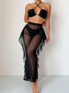 Sexy Black Mesh Bikini Set - 3-Piece Criss Cross Swimsuit for Women