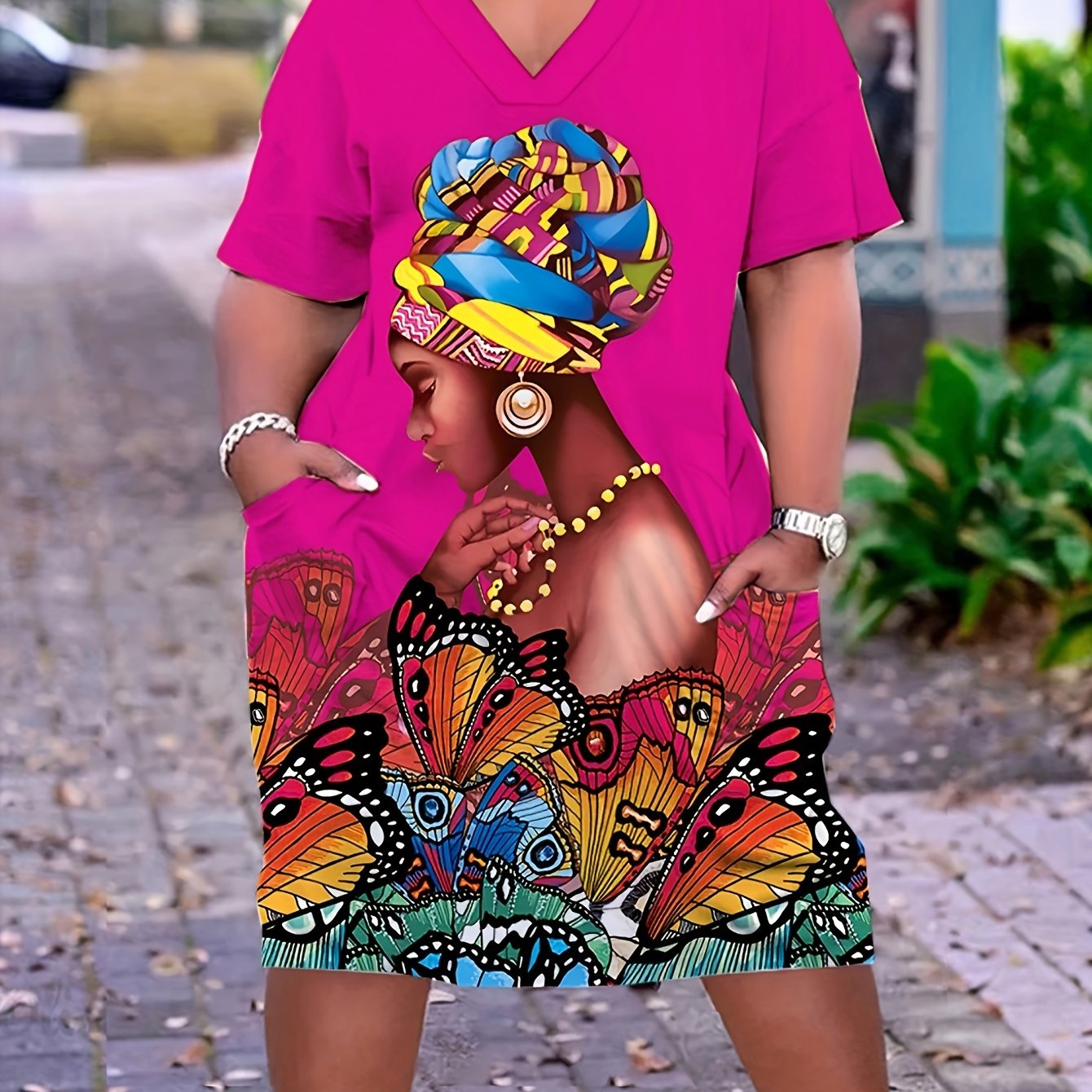 Plus Size Butterfly Print Dress – Casual V-Neck Short Sleeve Dress with Pockets for Women