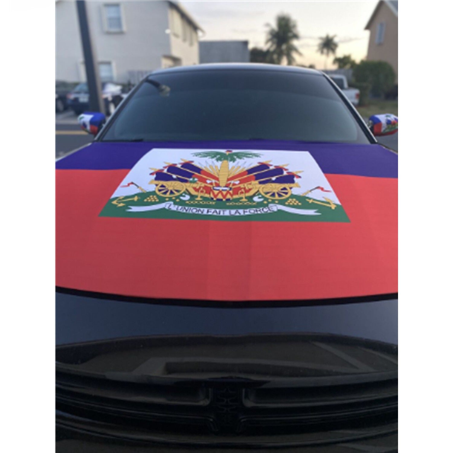 Patriotic Haiti Car Hood Cover – 4x5ft Elastic Bonnet Banner with Haitian Flag