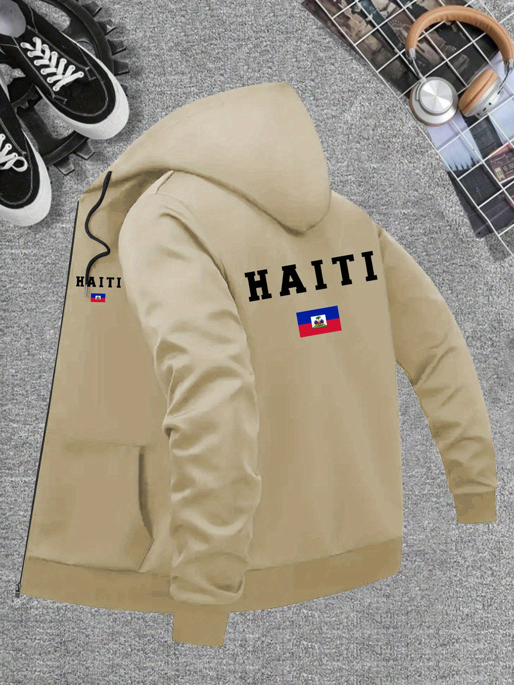 Men’s Haiti Flag Hooded Jacket – Casual Zip-Up Sportswear