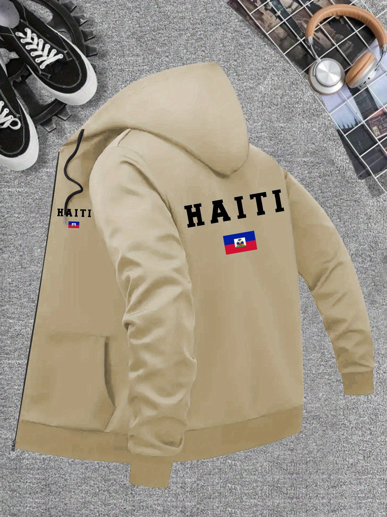 Men’s Haiti Flag Hooded Jacket – Casual Zip-Up Sportswear