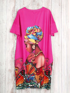 Plus Size Butterfly Print Dress – Casual V-Neck Short Sleeve Dress with Pockets for Women