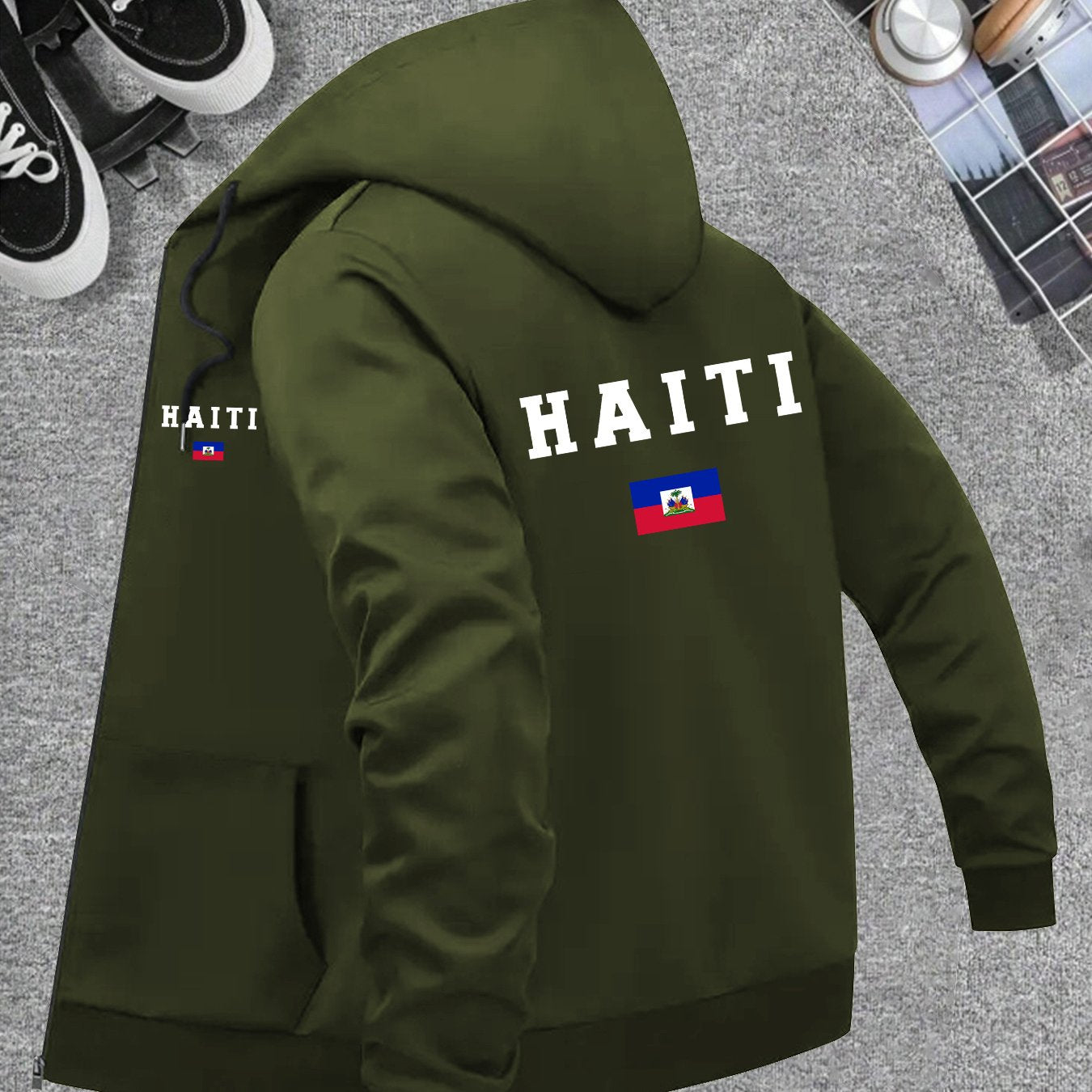 Men’s Haiti Flag Hooded Jacket – Casual Zip-Up Sportswear