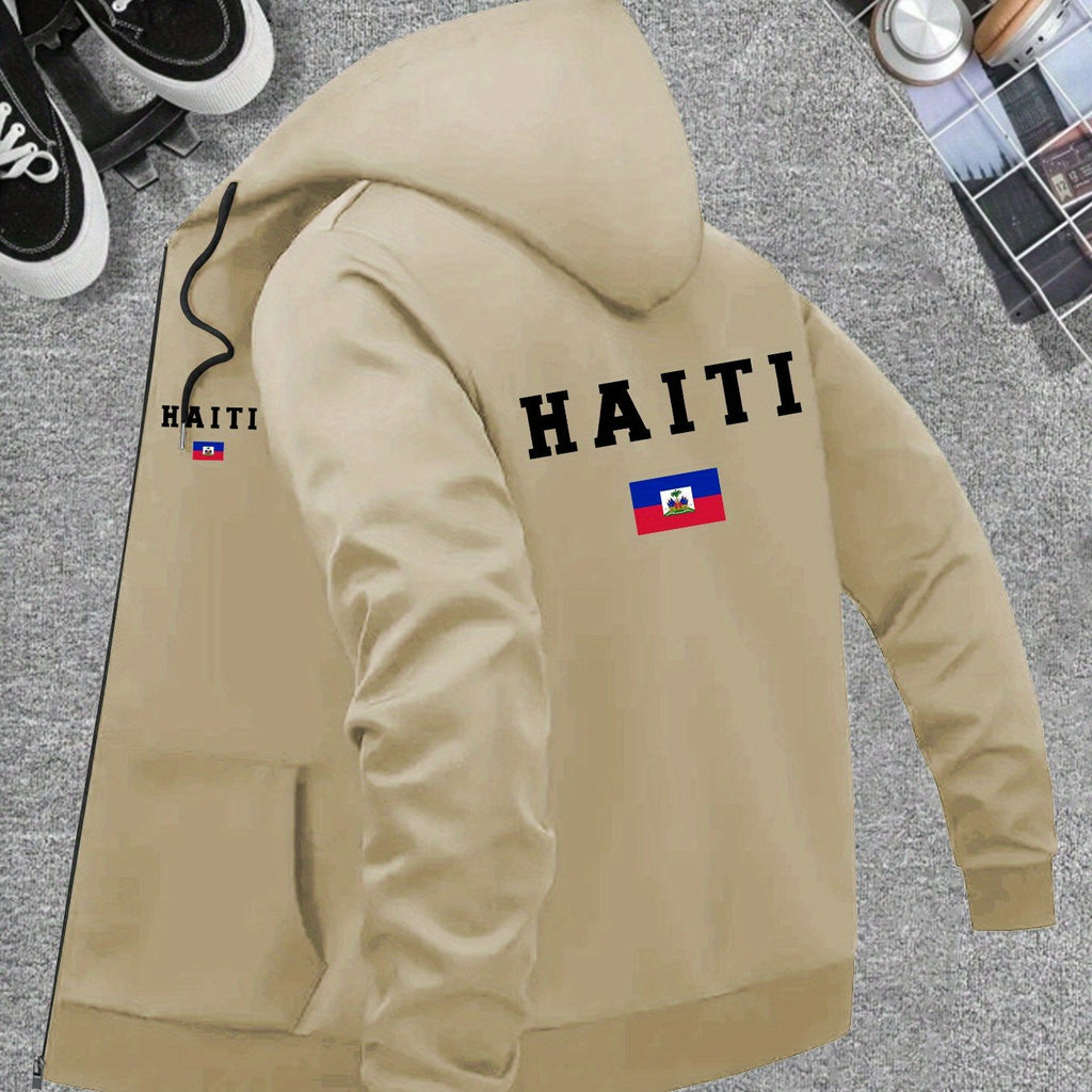 Men’s Haiti Flag Hooded Jacket – Casual Zip-Up Sportswear