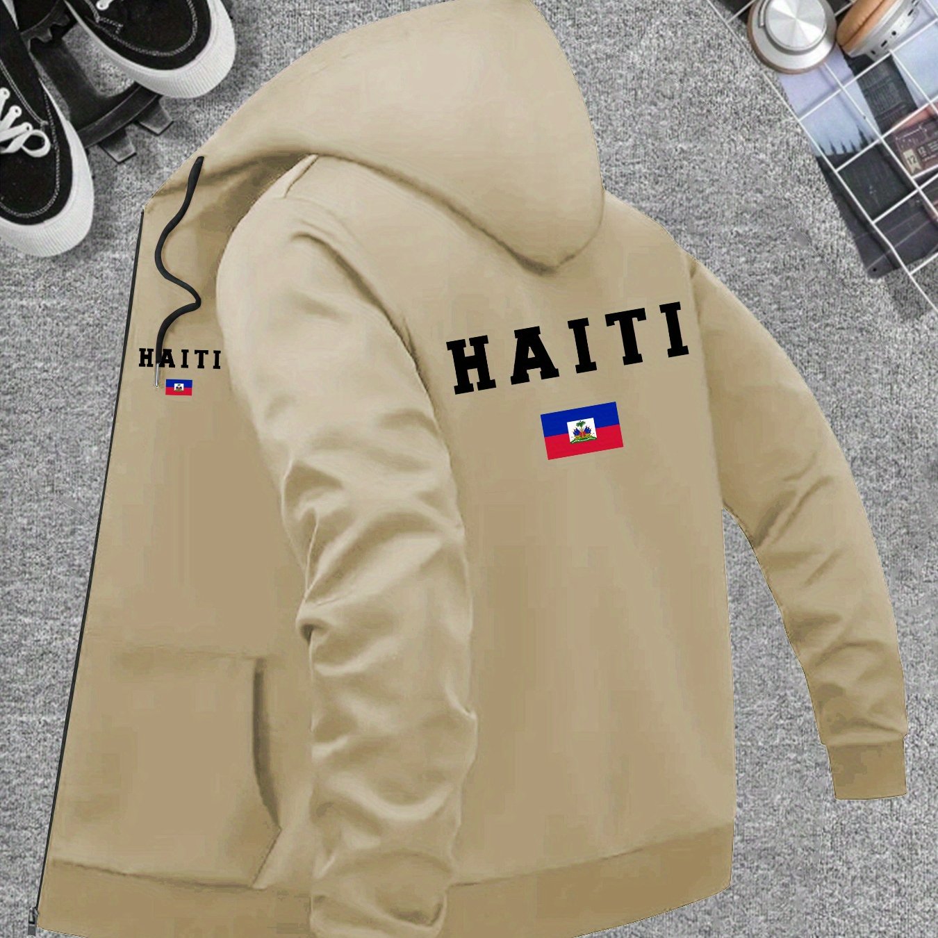 Men’s Haiti Flag Hooded Jacket – Casual Zip-Up Sportswear