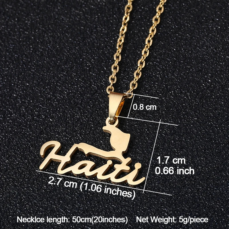 Gold Haiti Map & Flag Pendant Necklace