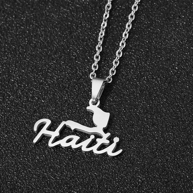 Gold Haiti Map & Flag Pendant Necklace