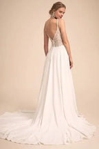Elegant V-Neck Lace Back Wedding Dress