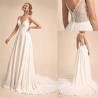 Elegant V-Neck Lace Back Wedding Dress