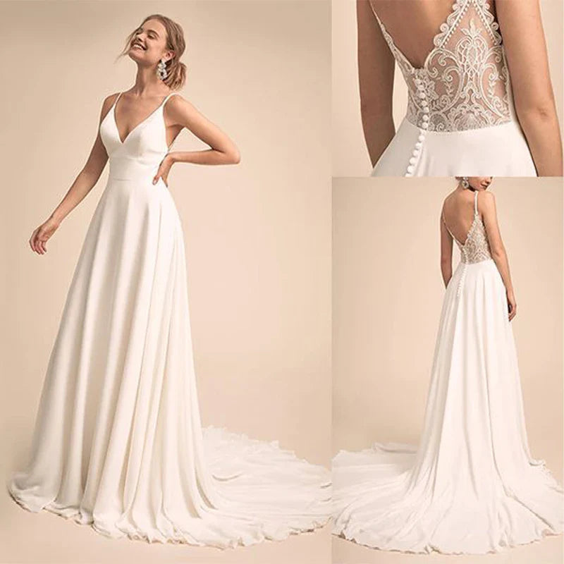 Elegant V-Neck Lace Back Wedding Dress