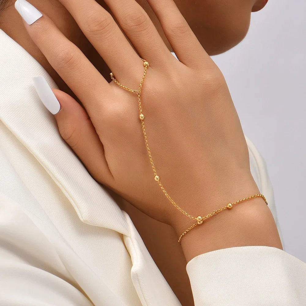 Dainty Gold-Plated Hand Chain Bracelet with Ring