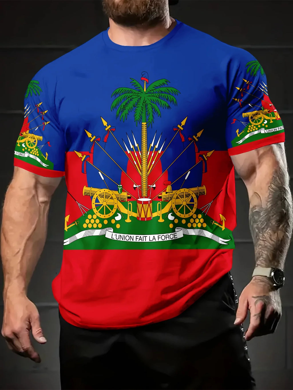 Men’s Haitian Flag T-Shirt – Vibrant Multi-Color Casual Polyester Tee, Regular Fit