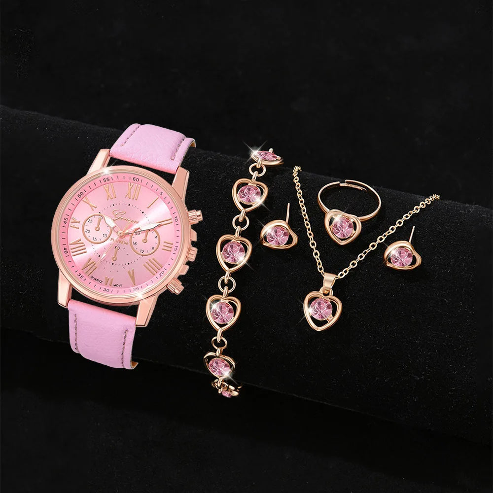 6PCS Pink Watch & Bracelet Set for Women and Girls