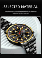 Luxury Men’s Quartz Watch – Gold Needle, Steel Band, Calendar Display Classic Business & Casual Style