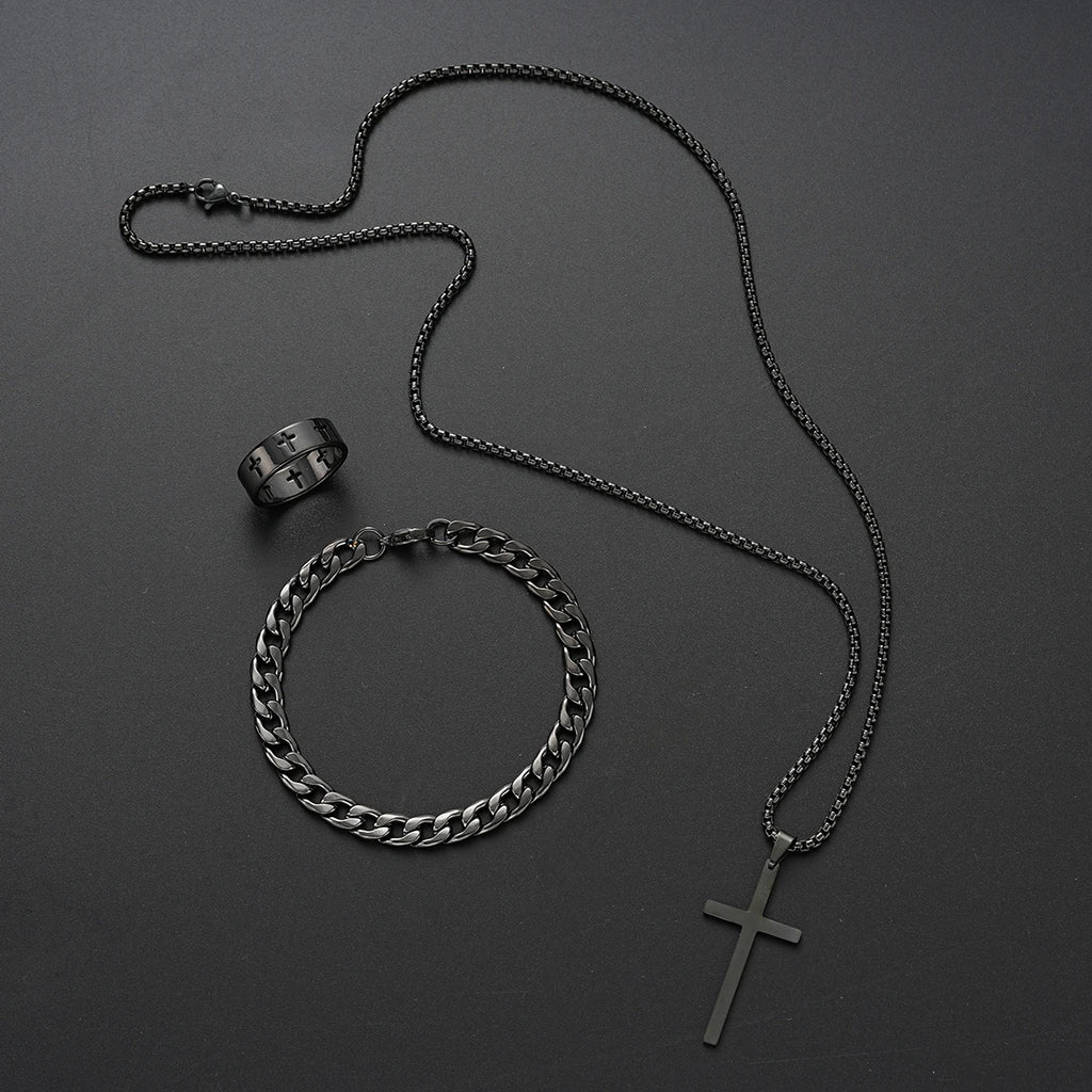 3PCS Stainless Steel Jewelry Set – Bracelet, Necklace & Ring | Unisex