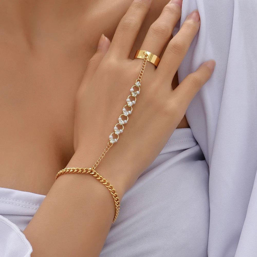 Dainty Gold-Plated Hand Chain Bracelet with Ring