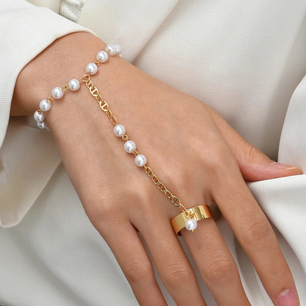 Dainty Gold-Plated Hand Chain Bracelet with Ring