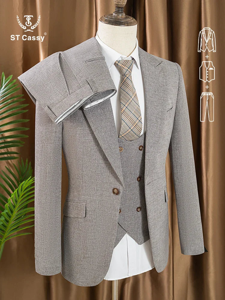 Men's three piece suit elegant slim fit formal office and leisure banquet groomsman set groom's wedding dress