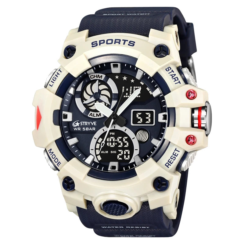 Men’s Dual Time Sport Watch – 50m Waterproof, Shock Resistant Digital Watch