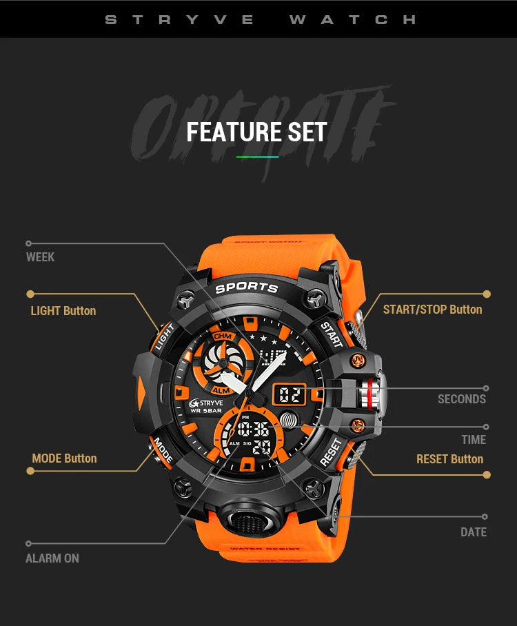 Men’s Dual Time Sport Watch – 50m Waterproof, Shock Resistant Digital Watch
