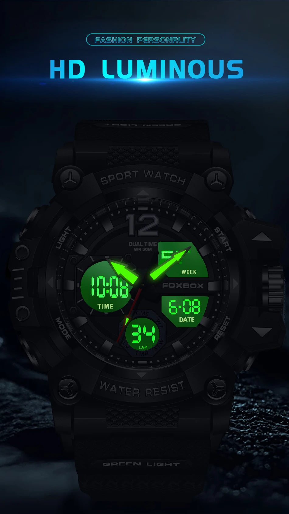 Men’s Fashion Sport Watch – 50M Waterproof, Shock Resistant LED Alarm