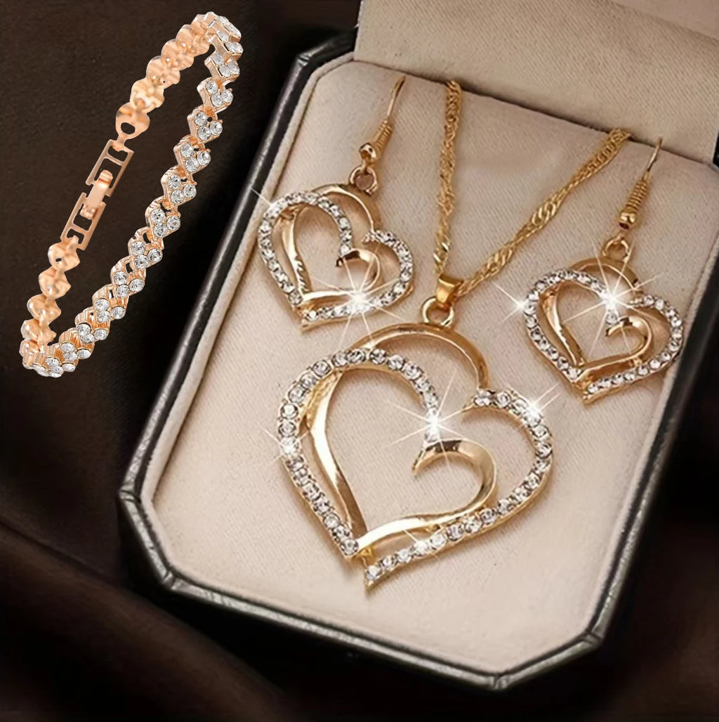Rhinestone Double Heart Earrings & Pendant Necklace for women