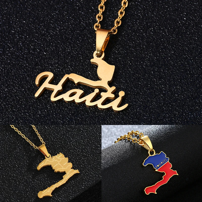 Gold Haiti Map & Flag Pendant Necklace
