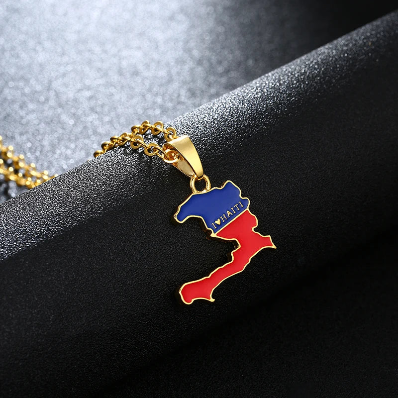 Gold Haiti Map & Flag Pendant Necklace