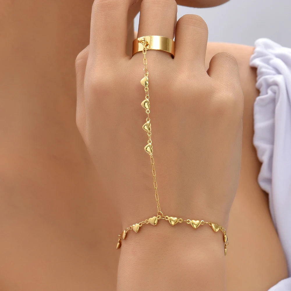 Dainty Gold-Plated Hand Chain Bracelet with Ring