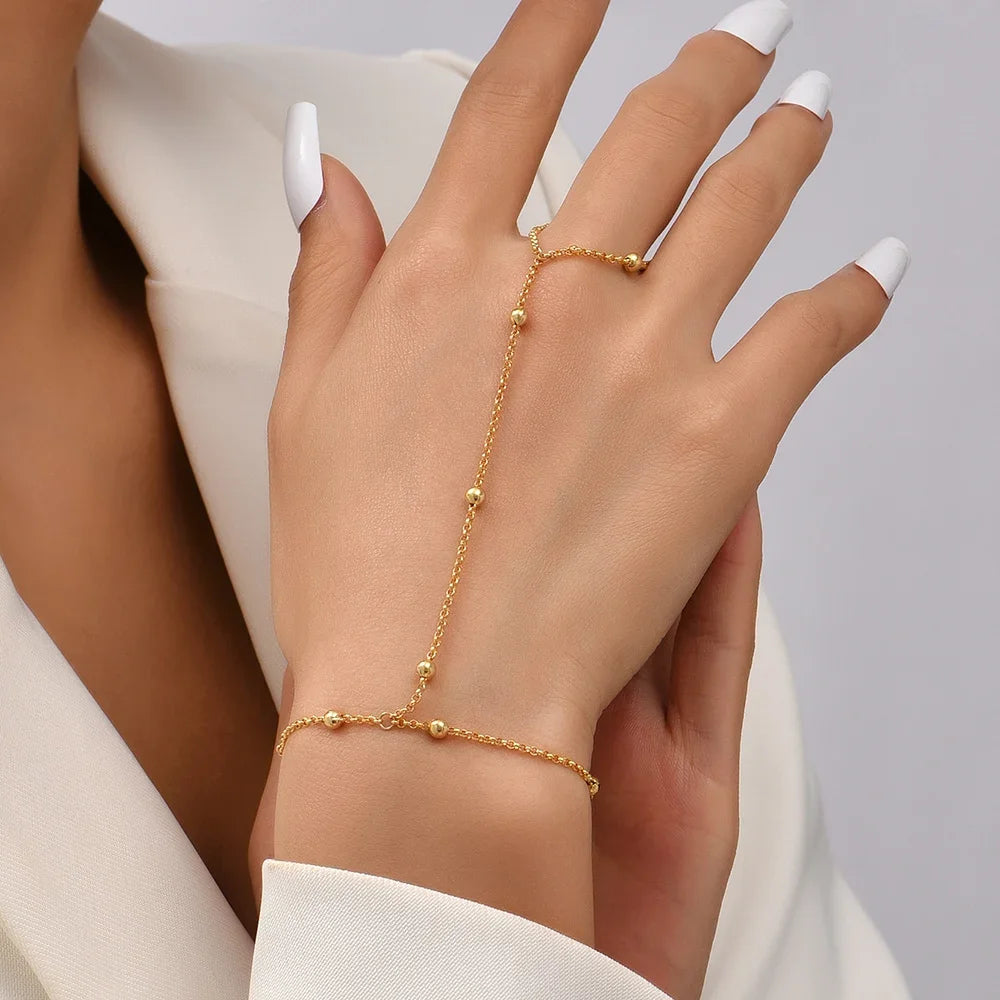 Dainty Gold-Plated Hand Chain Bracelet with Ring