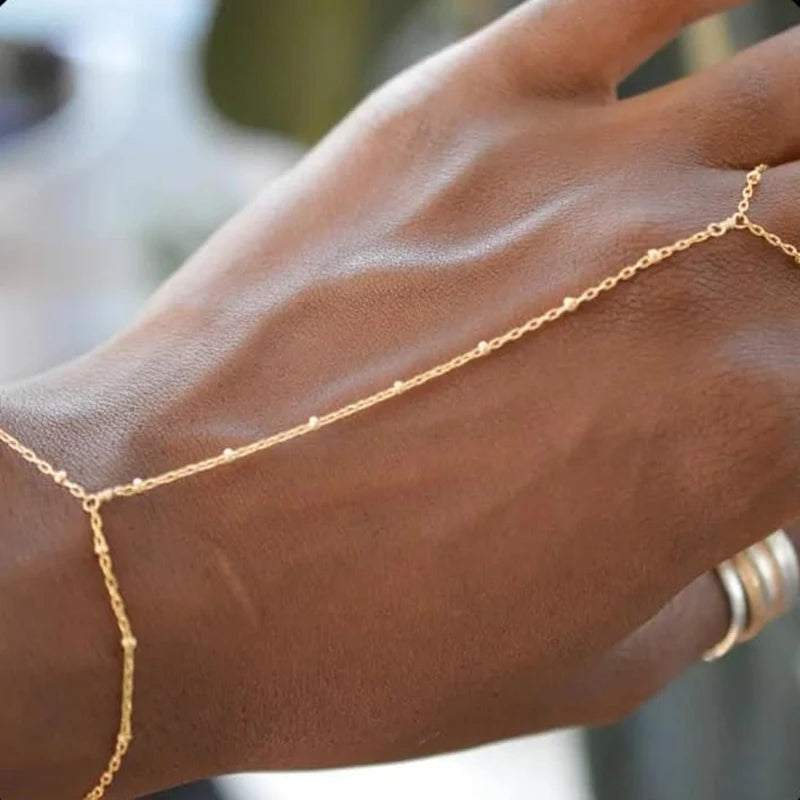 Dainty Gold-Plated Hand Chain Bracelet with Ring