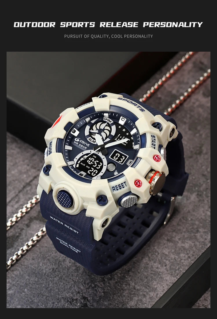 Men’s Dual Time Sport Watch – 50m Waterproof, Shock Resistant Digital Watch