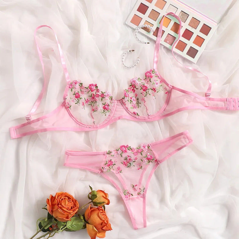 Bra and Brief Set – 2-Piece Sexy Floral Embroidery Lingerie