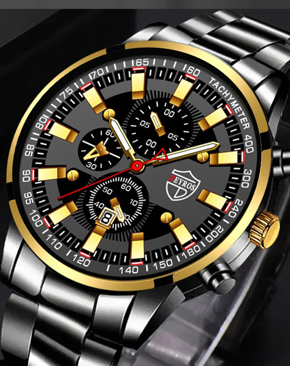 Luxury Men’s Quartz Watch – Gold Needle, Steel Band, Calendar Display Classic Business & Casual Style