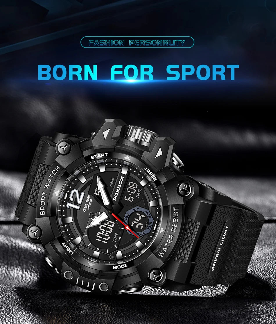 Men’s Fashion Sport Watch – 50M Waterproof, Shock Resistant LED Alarm